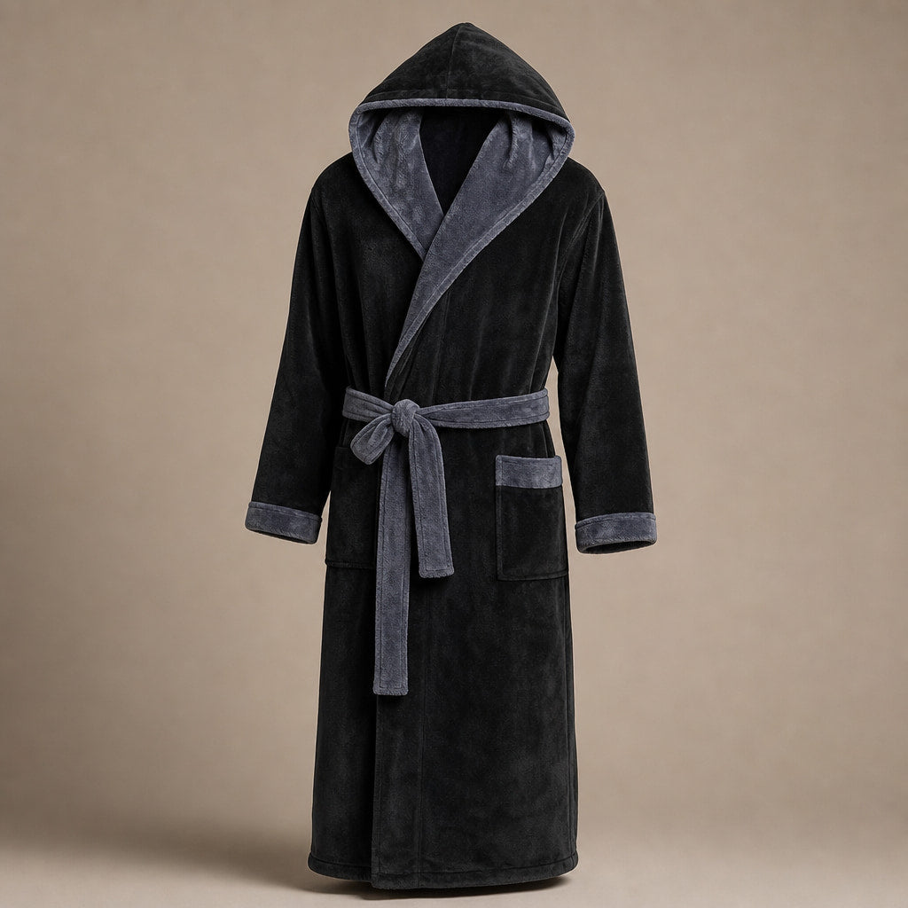 Spa Robe Hooded Fleece in Black/Dark Grey – Tomosino Premium Menswear