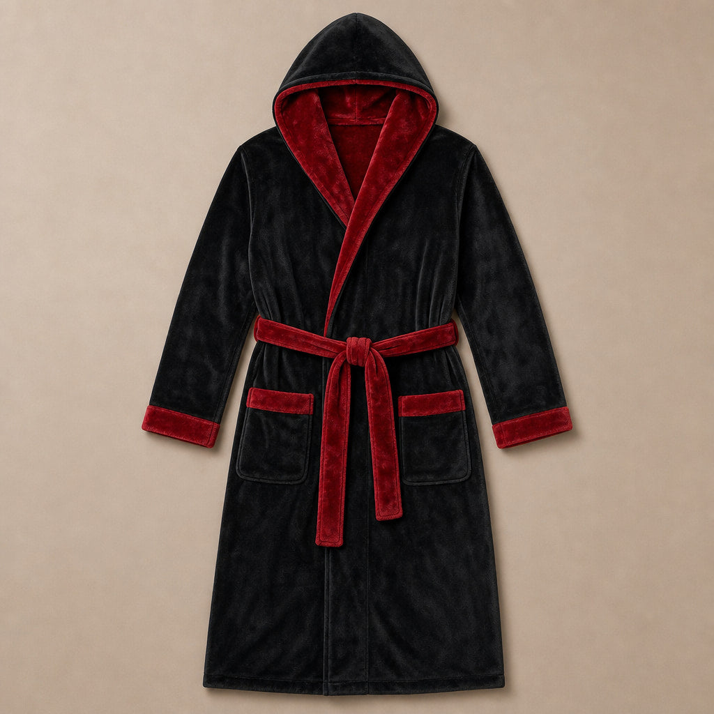 Spa Robe Hooded Fleece Black/Dark Red – Product Photo