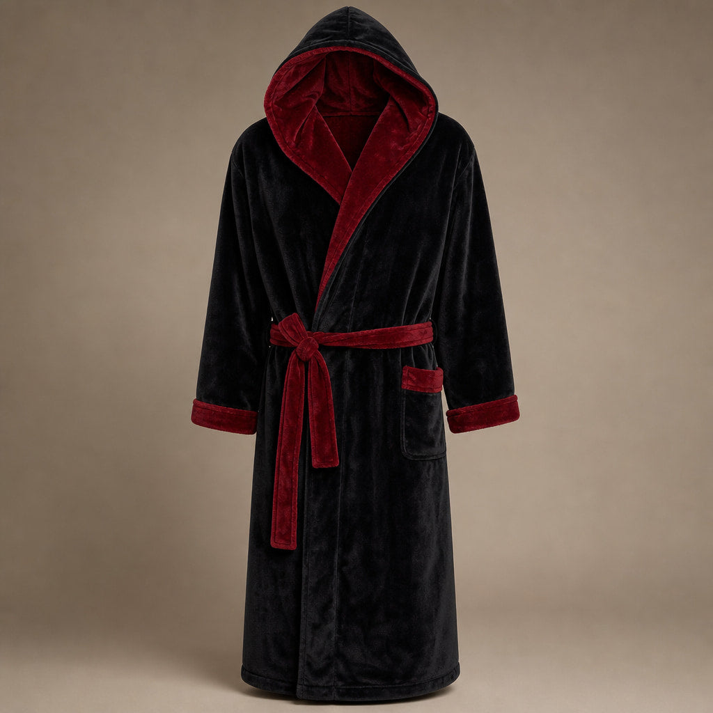 Spa Robe Hooded Fleece in Black/Dark Red – Tomosino Premium Menswear