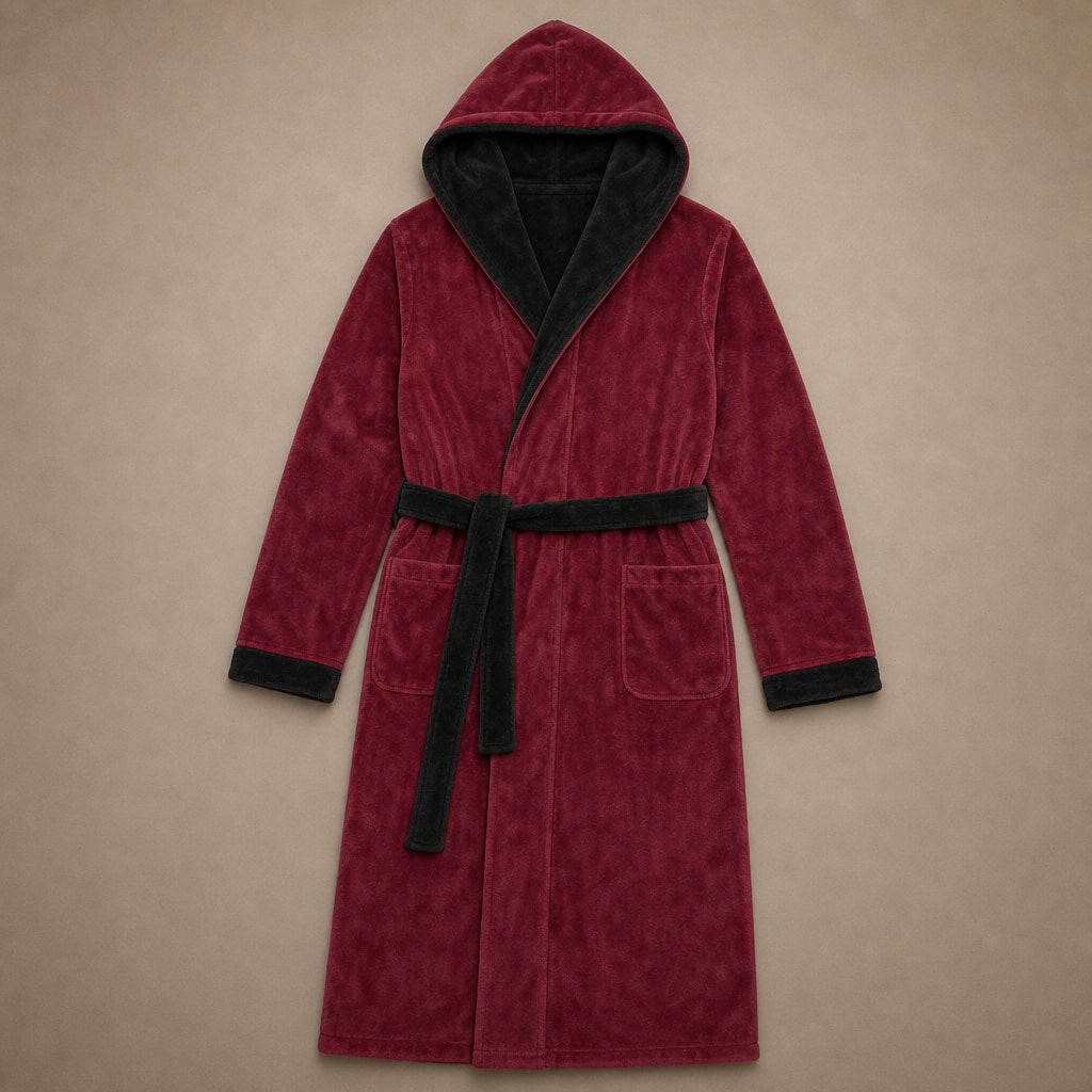 Spa Robe Hooded Fleece Bordeaux/Black – Product Photo