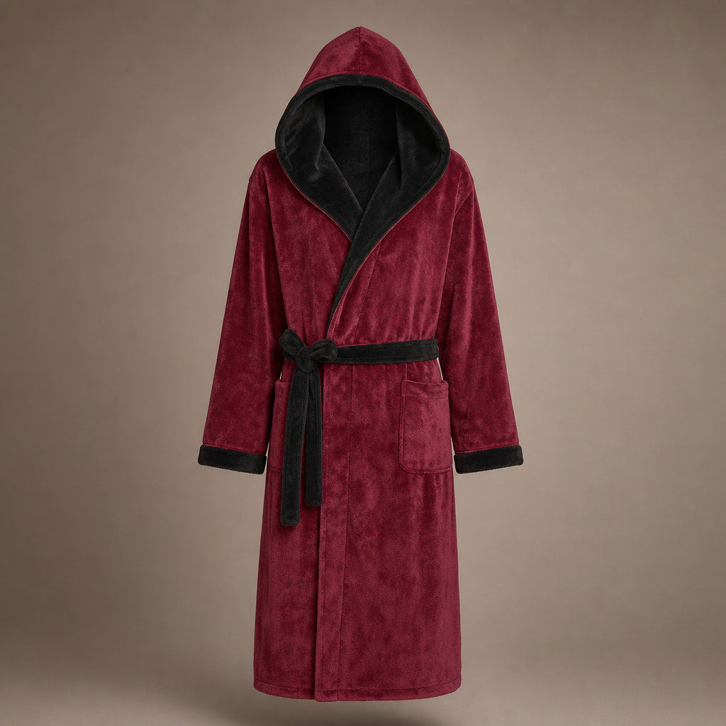 Spa Robe Hooded Fleece in Bordeaux/Black – Tomosino Premium Menswear