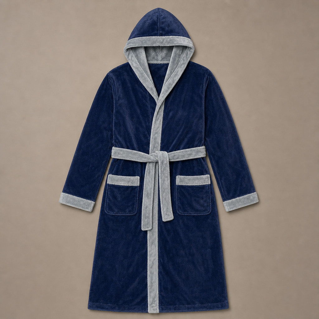 Spa Robe Hooded Fleece Dark Blue/Light Grey – Product Photo
