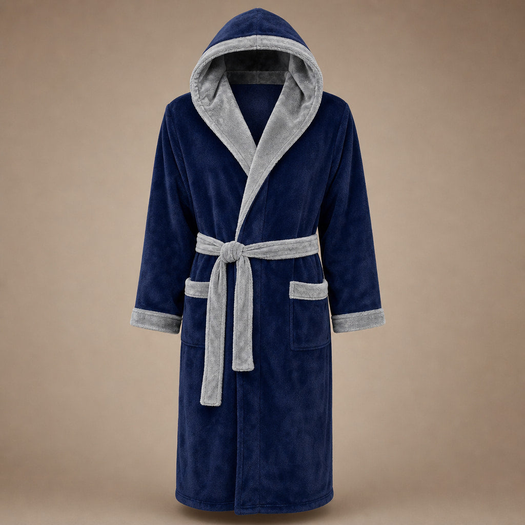 Spa Robe Hooded Fleece in Dark Blue/Light Grey – Tomosino Premium Menswear