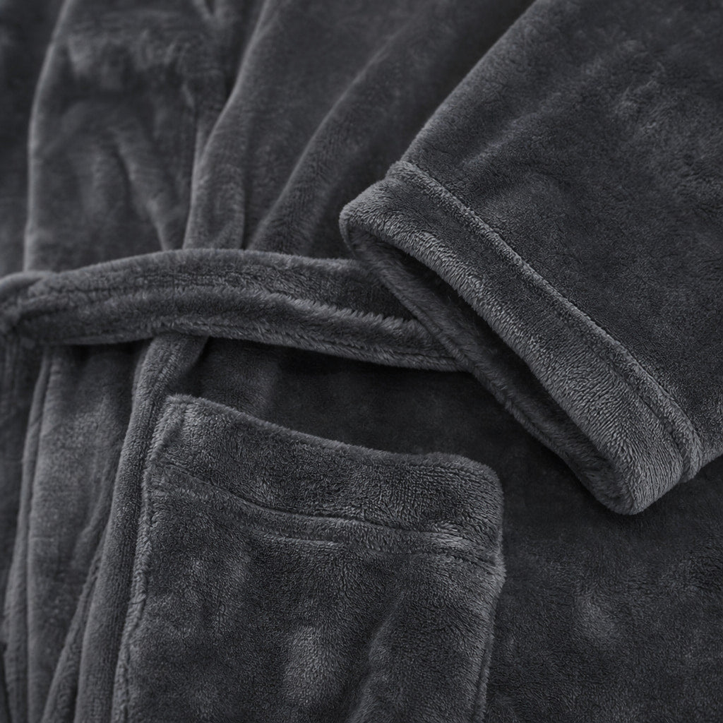 Spa Robe Hooded Fleece Dark Gray – Fabric and Detail Close-Up