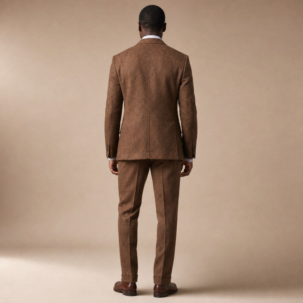 Eldon | Three Piece Suit Herringbone Tweed Brown – Side Angle View