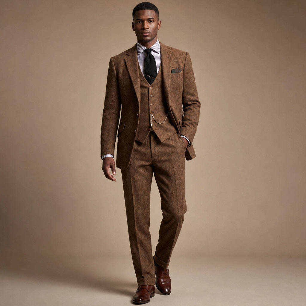 Eldon | Three Piece Suit Herringbone Tweed Brown – Product Photo