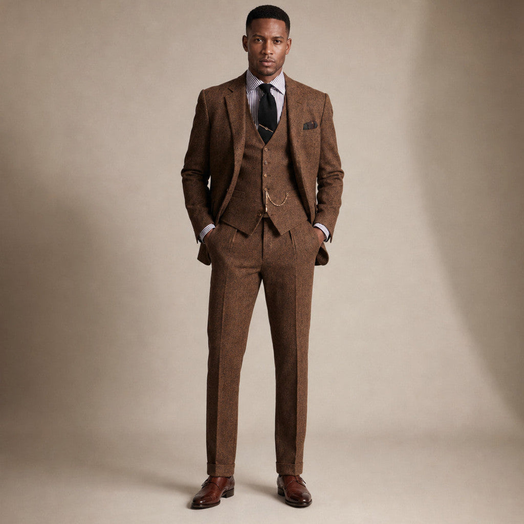 Eldon | Three Piece Suit Herringbone Tweed in Brown – Premium Editorial