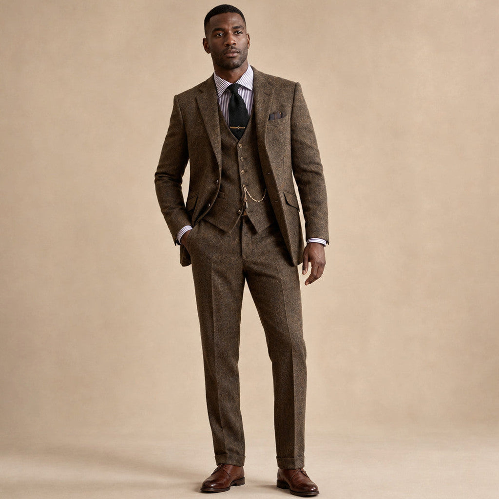 Eldon | Three Piece Suit Herringbone Tweed Coffee – Product Photo
