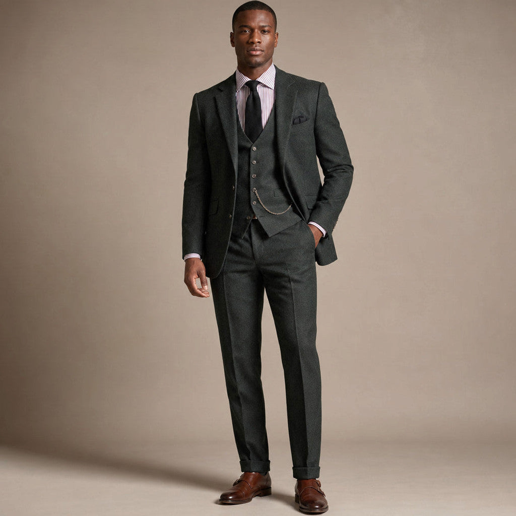 Eldon | Three Piece Suit Herringbone Tweed Green – Product Photo