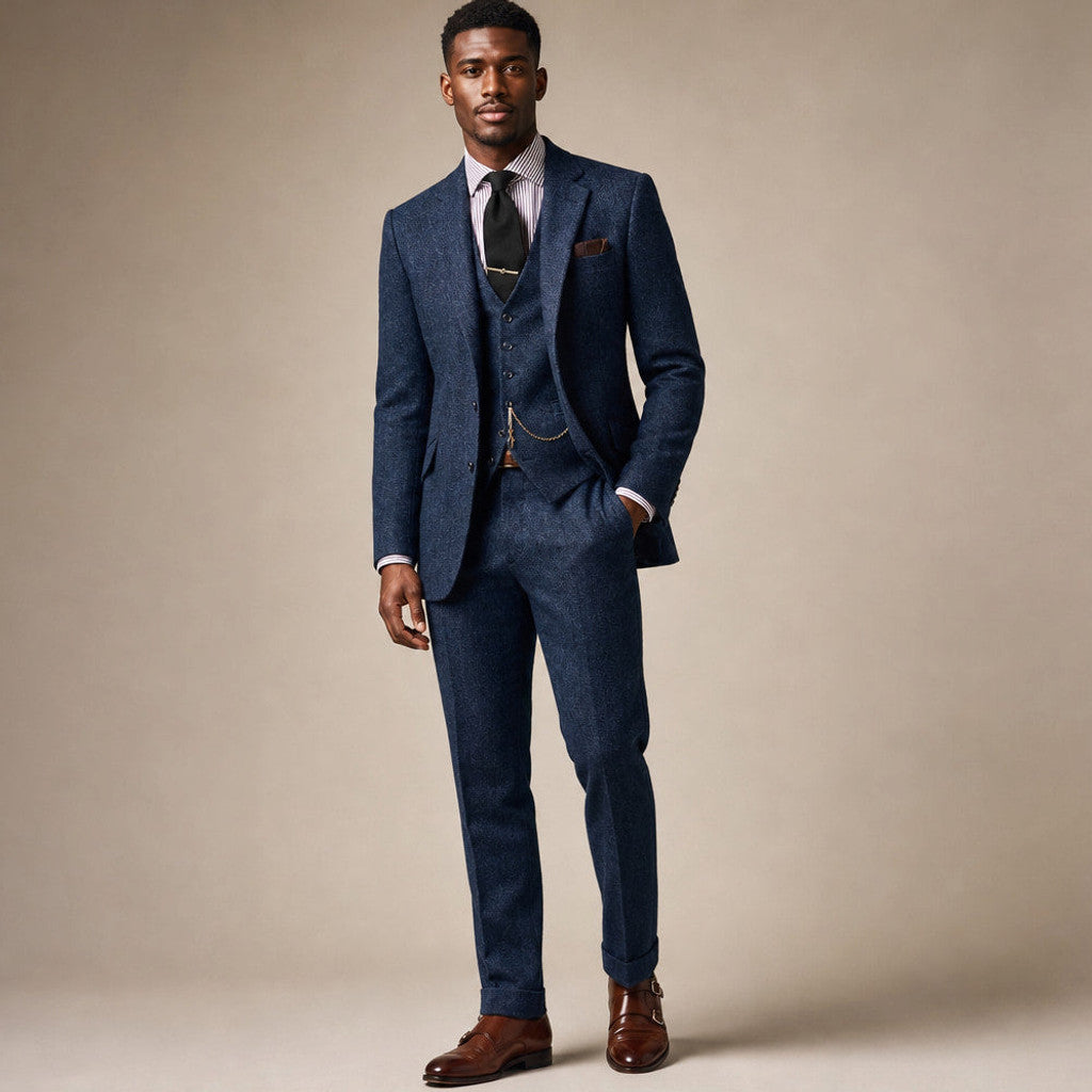 Eldon | Three Piece Suit Herringbone Tweed Navy Blue – Product Photo