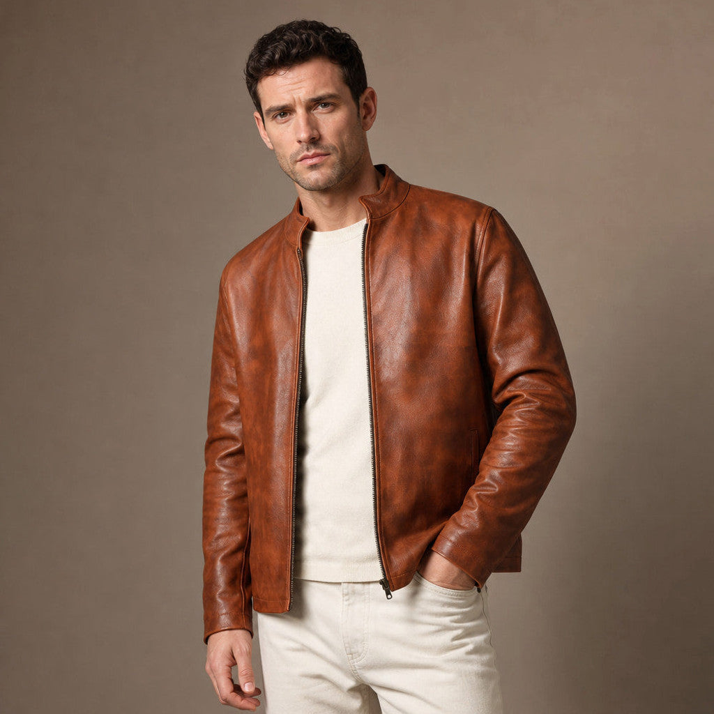 Ellerby | Sheepskin Leather Jacket Banded Collar Chestnut Brown – Side Angle View