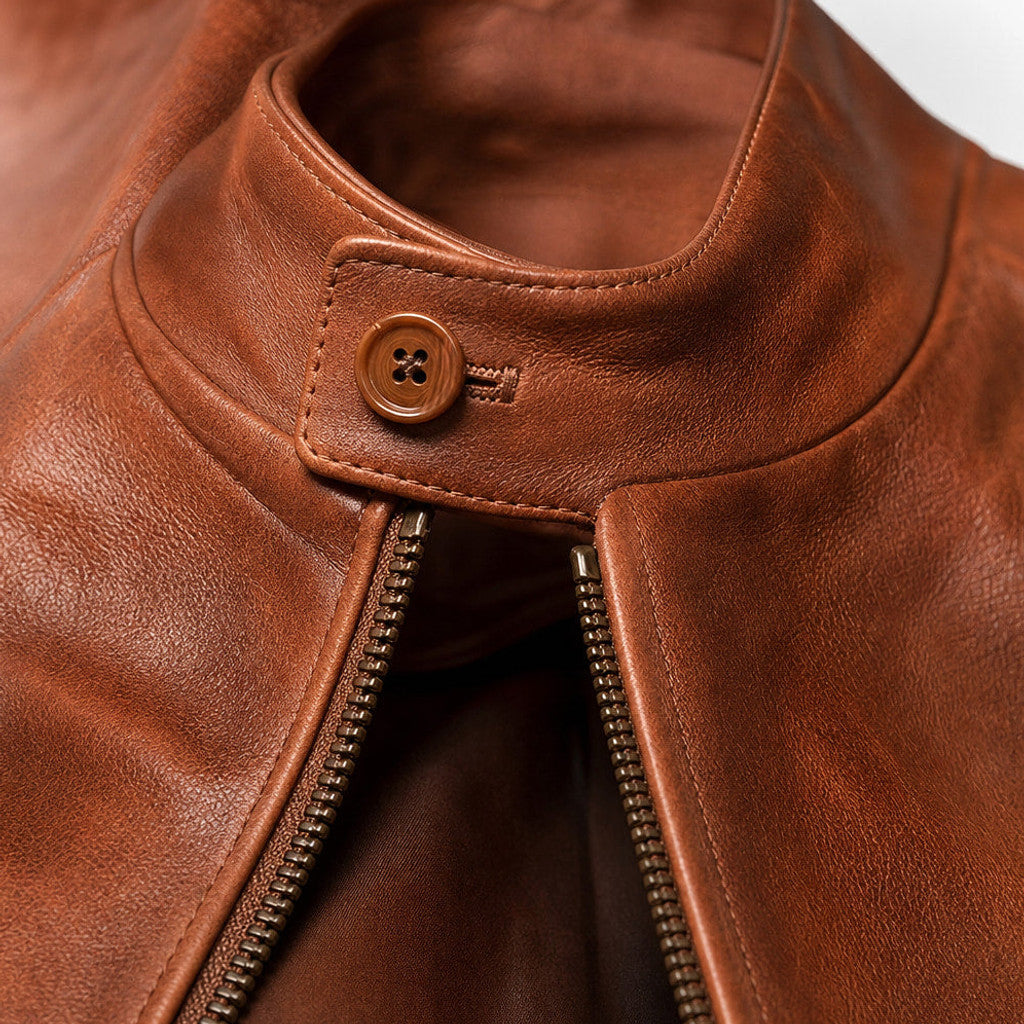 Ellerby | Sheepskin Leather Jacket Banded Collar Chestnut Brown – Fabric and Detail Close-Up