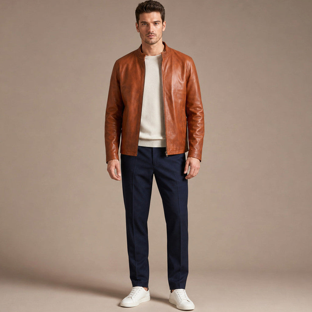 Ellerby | Sheepskin Leather Jacket Banded Collar Chestnut Brown – Full Look