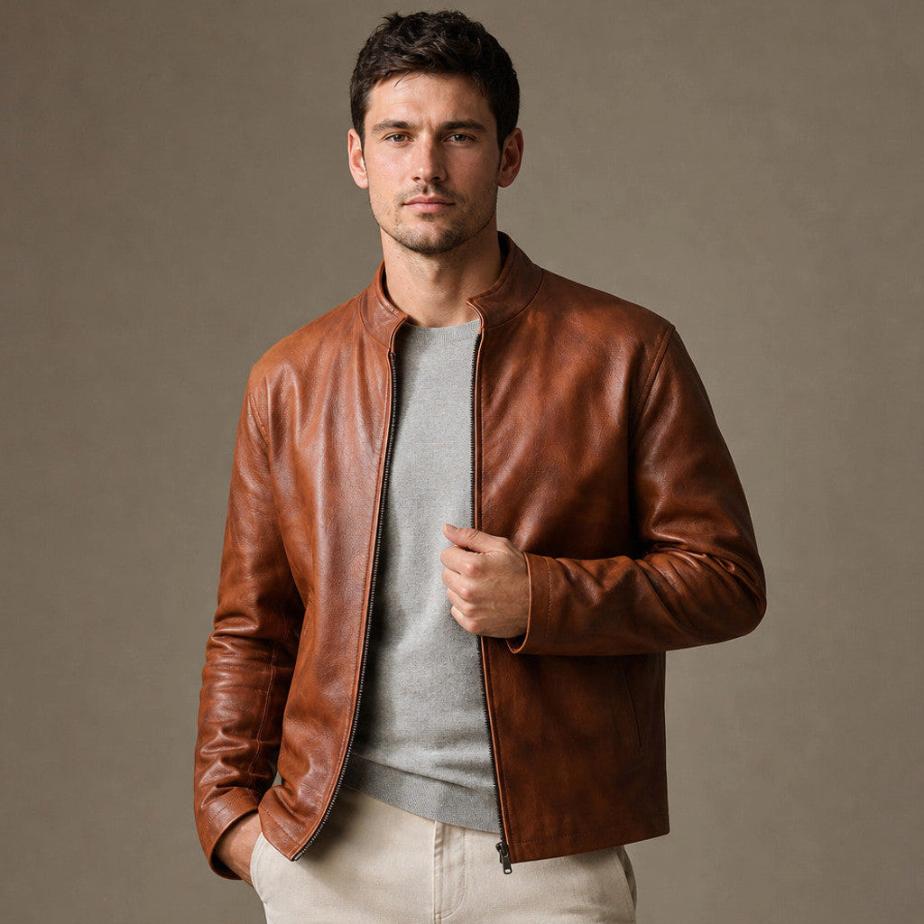 Ellerby | Sheepskin Leather Jacket Banded Collar Chestnut Brown – Product Photo