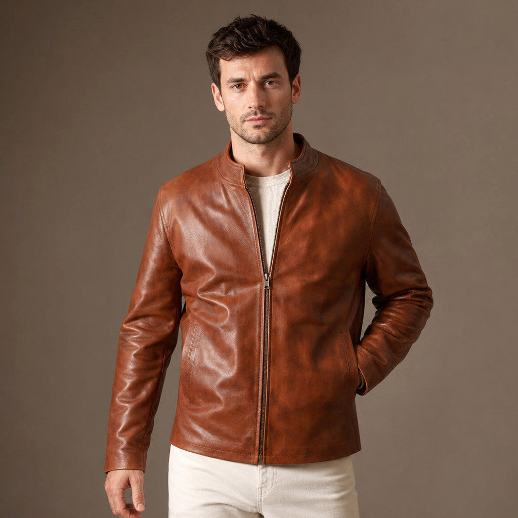 Ellerby | Sheepskin Leather Jacket Banded Collar Chestnut Brown – Premium Editorial