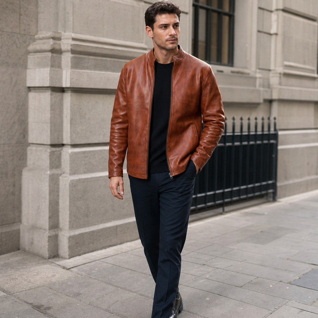 Ellerby | Sheepskin Leather Jacket Banded Collar Chestnut Brown – Styled Editorial Shot
