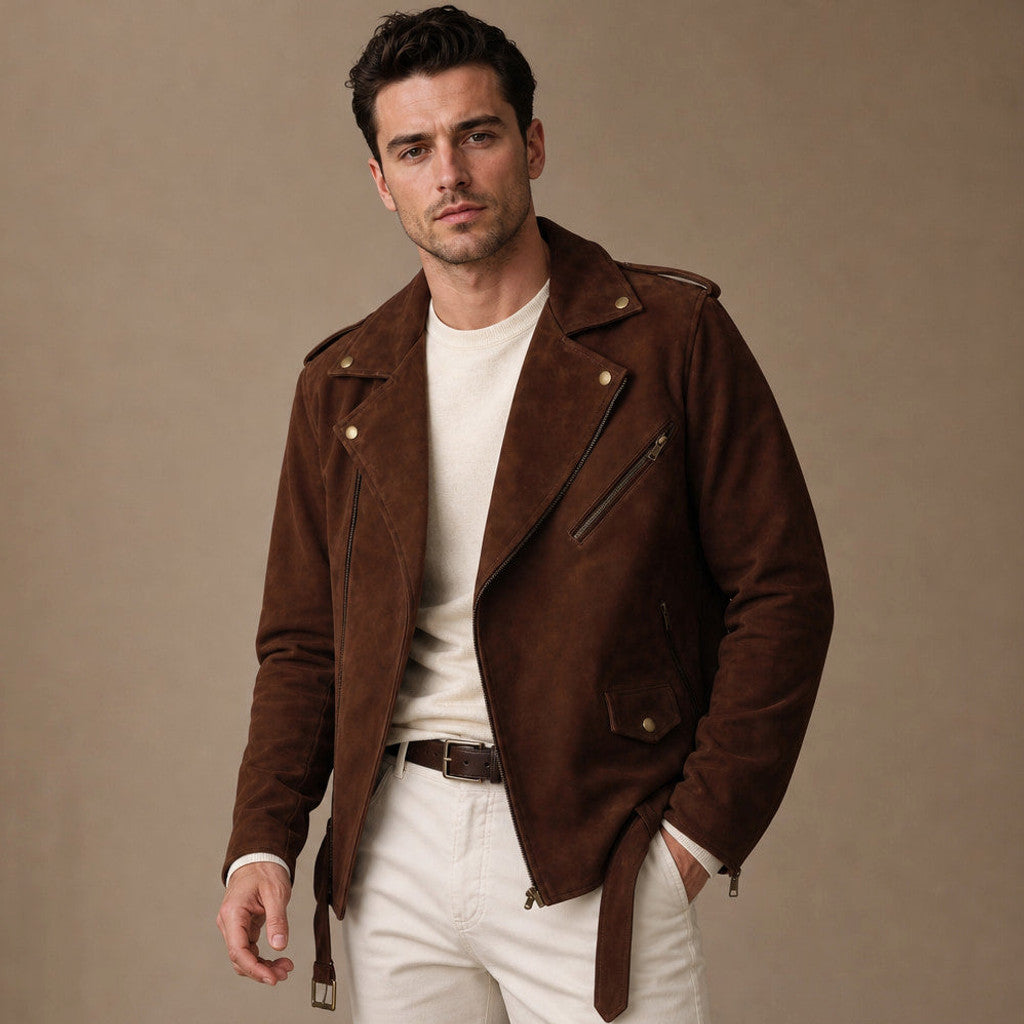 Ellsmere | Suede Biker Jacket Belted Waist Brown – Product Photo