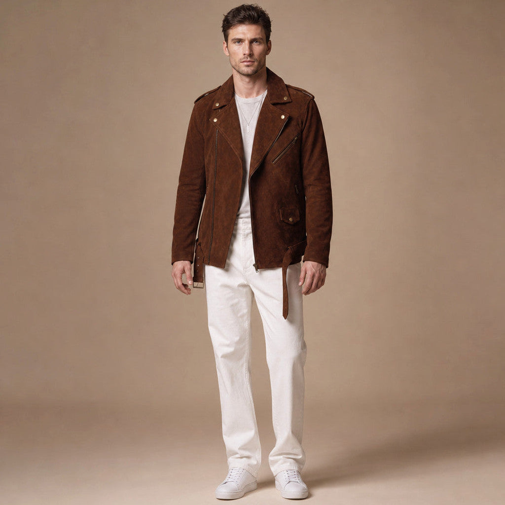 Ellsmere | Suede Biker Jacket Belted Waist Brown – Product Photo