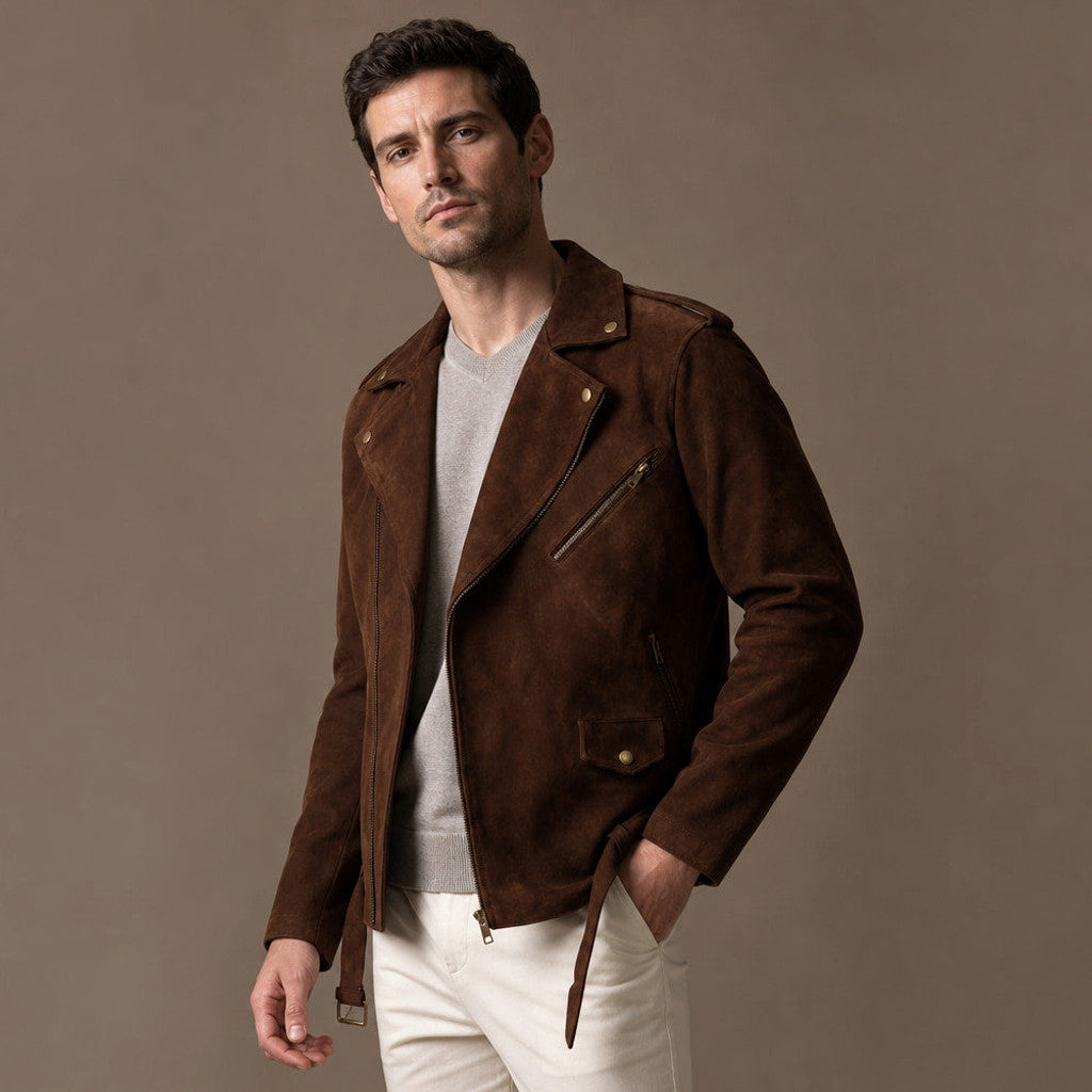 Ellsmere | Suede Biker Jacket Belted Waist Brown – Product Photo