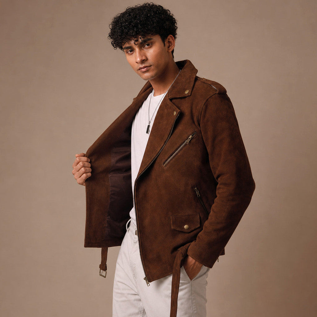 Ellsmere | Suede Biker Jacket Belted Waist Brown Brown – Side Angle View