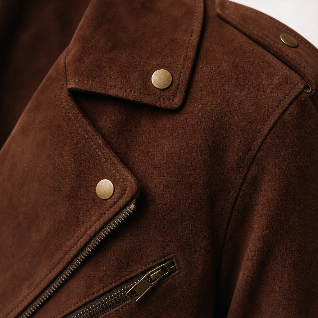 Ellsmere | Suede Biker Jacket Belted Waist Brown Brown – Fabric and Detail Close-Up