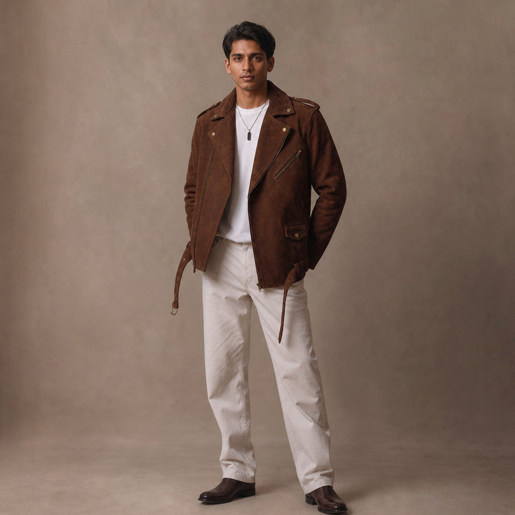 Ellsmere | Suede Biker Jacket Belted Waist Brown Brown – Full Look