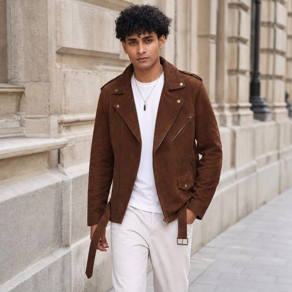 Ellsmere | Suede Biker Jacket Belted Waist Brown Brown – Styled Editorial Shot