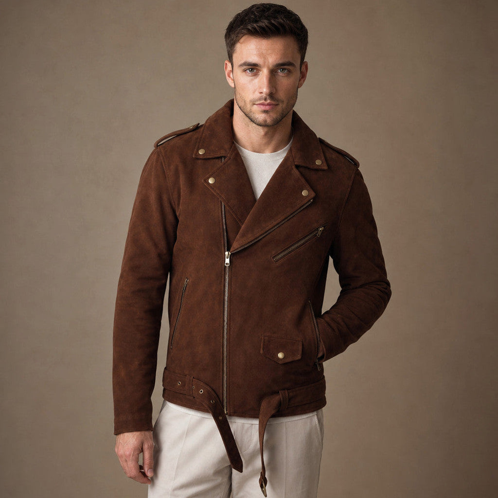 Ellsmere | Suede Biker Jacket Belted Waist Brown – Product Photo