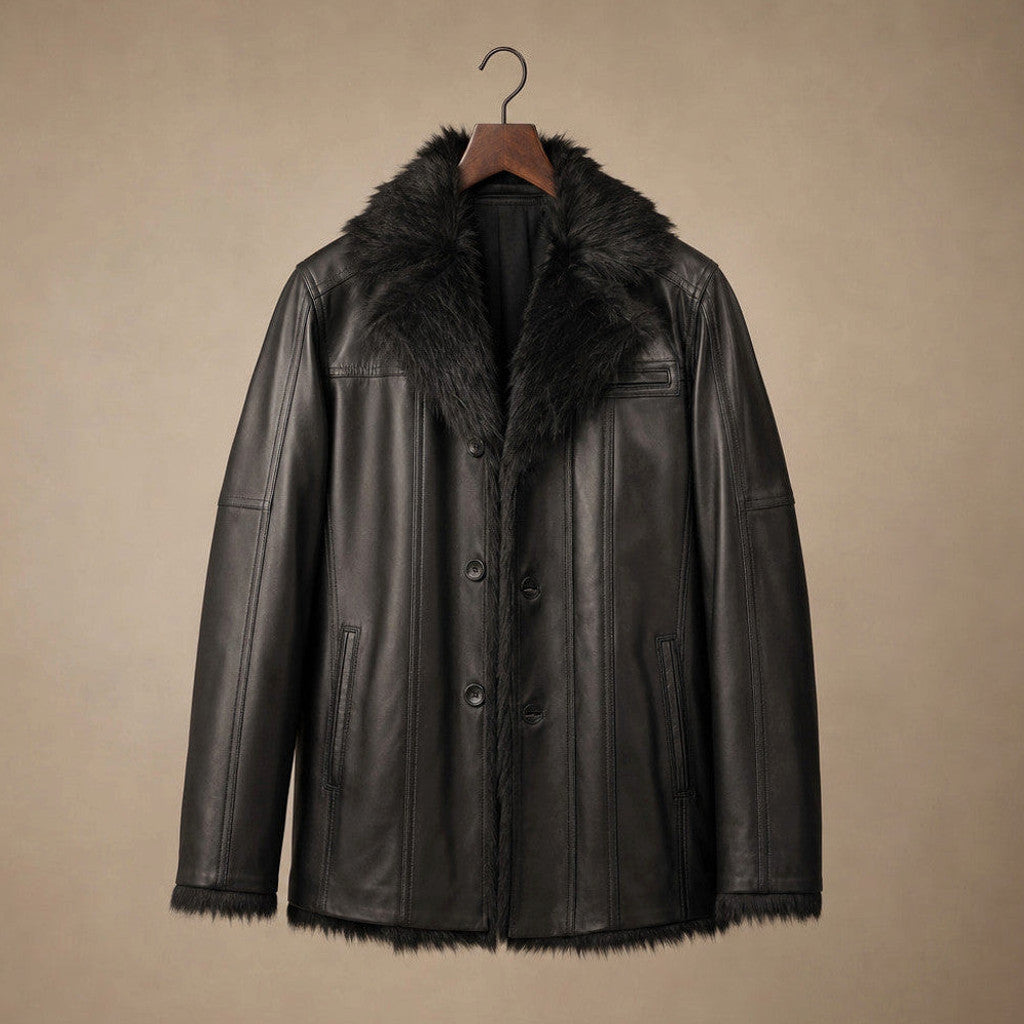 Elroy | Leather Pea Coat Shearling Lined – Product Photo