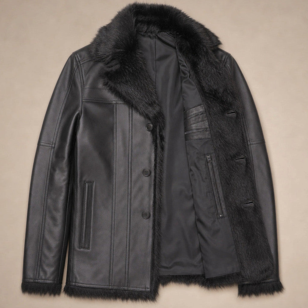 Elroy | Leather Pea Coat Shearling Lined – Product Photo