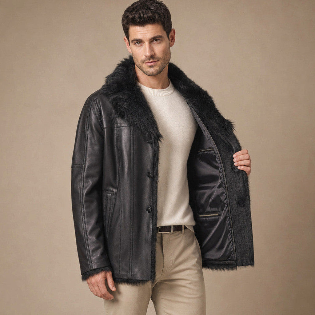Elroy | Leather Pea Coat Shearling Lined – Product Photo