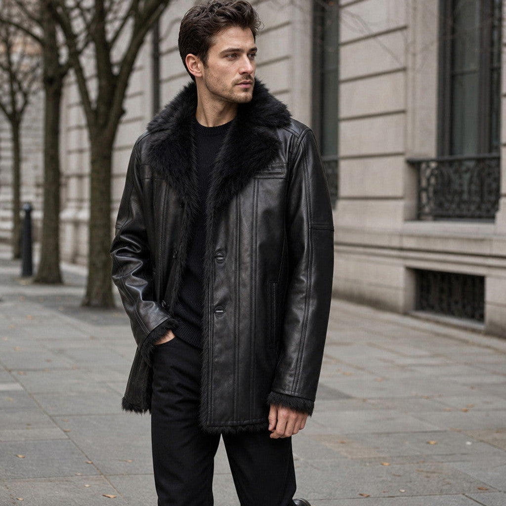 Elroy | Leather Pea Coat Shearling Lined – Product Photo