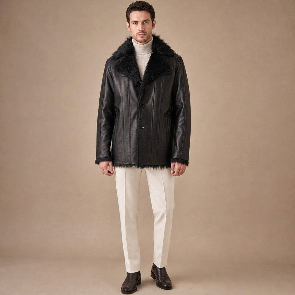 Black leather pea coat with shearling lining, front view