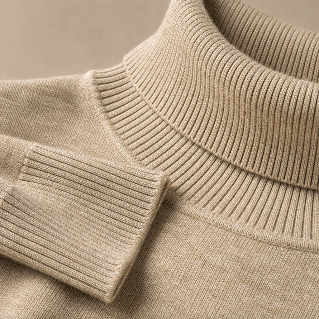 Elsfield | Turtleneck Fine Gauge Knit Khaki – Fabric and Detail Close-Up