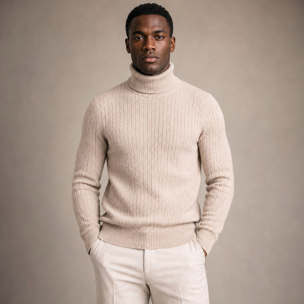 Elwin | Turtleneck Sweater Cable Knit Slim Fit in Beige – Premium Editorial