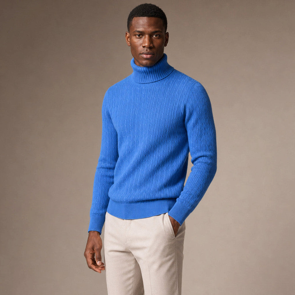 Elwin | Turtleneck Sweater Cable Knit Slim Fit Blue – Side Angle View