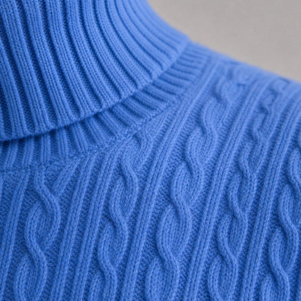 Elwin | Turtleneck Sweater Cable Knit Slim Fit Blue – Fabric and Detail Close-Up