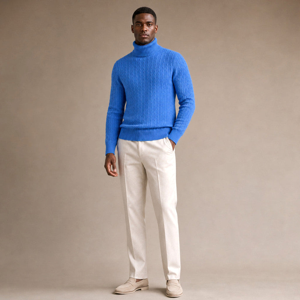 Elwin | Turtleneck Sweater Cable Knit Slim Fit Blue – Full Look