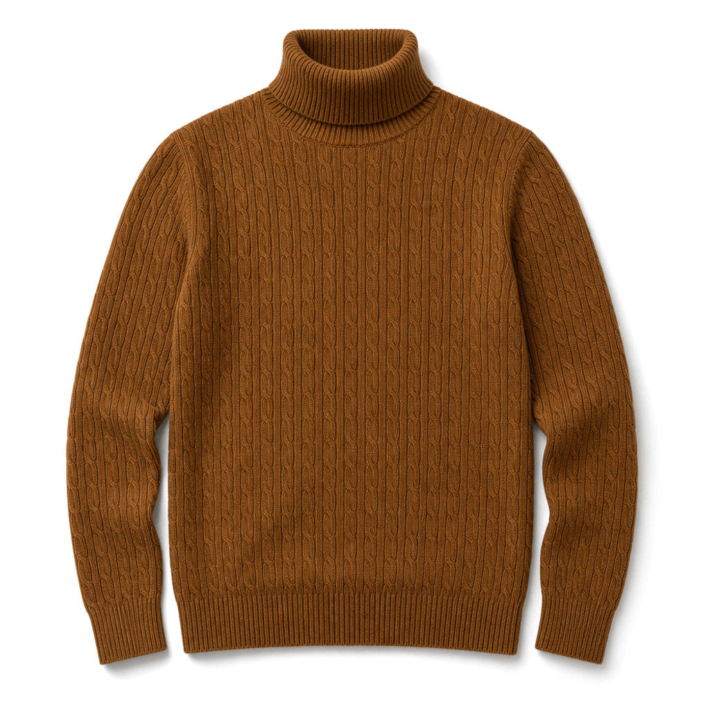 Elwin | Turtleneck Sweater Cable Knit Slim Fit Brown – Product Photo
