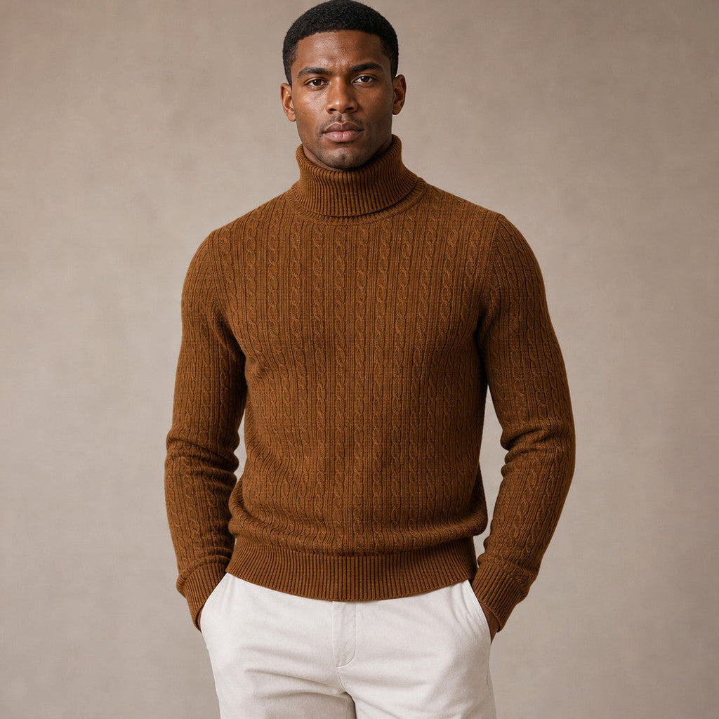 Elwin | Turtleneck Sweater Cable Knit Slim Fit in Brown – Premium Editorial