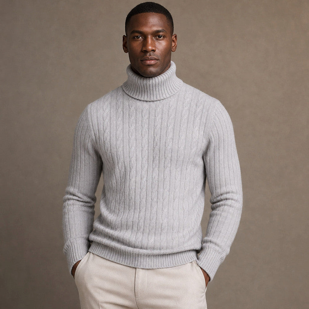 Elwin | Turtleneck Sweater Cable Knit Slim Fit in Light Gray – Premium Editorial