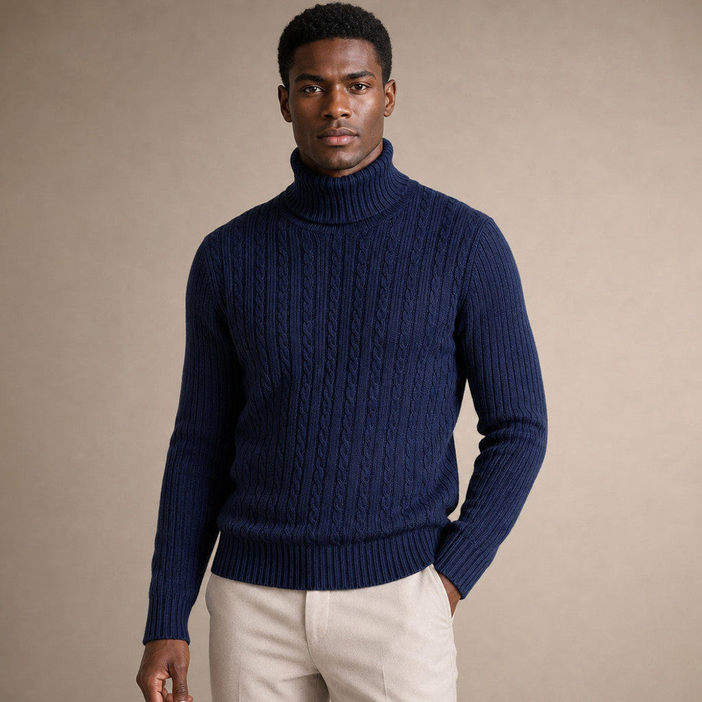 Elwin | Turtleneck Sweater Cable Knit Slim Fit in Navy – Premium Editorial