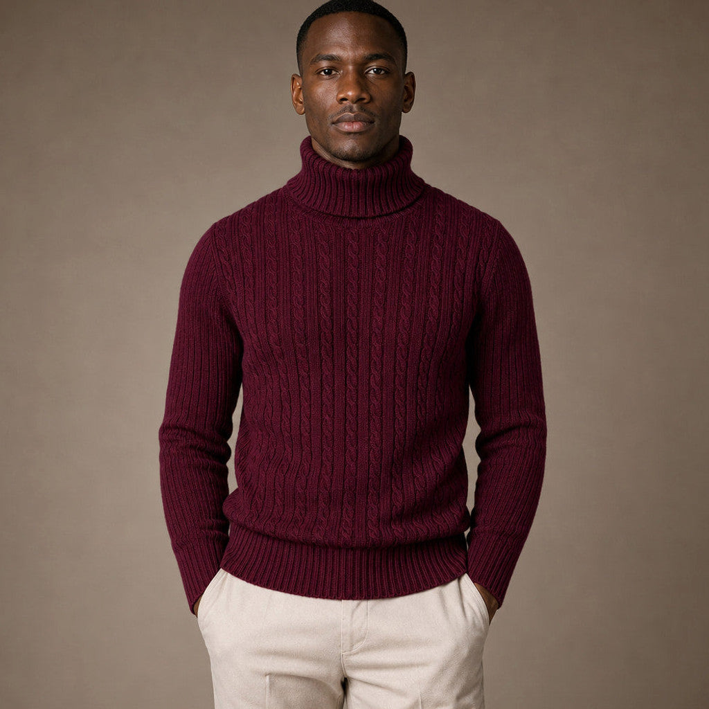 Elwin | Turtleneck Sweater Cable Knit Slim Fit in Wine – Premium Editorial