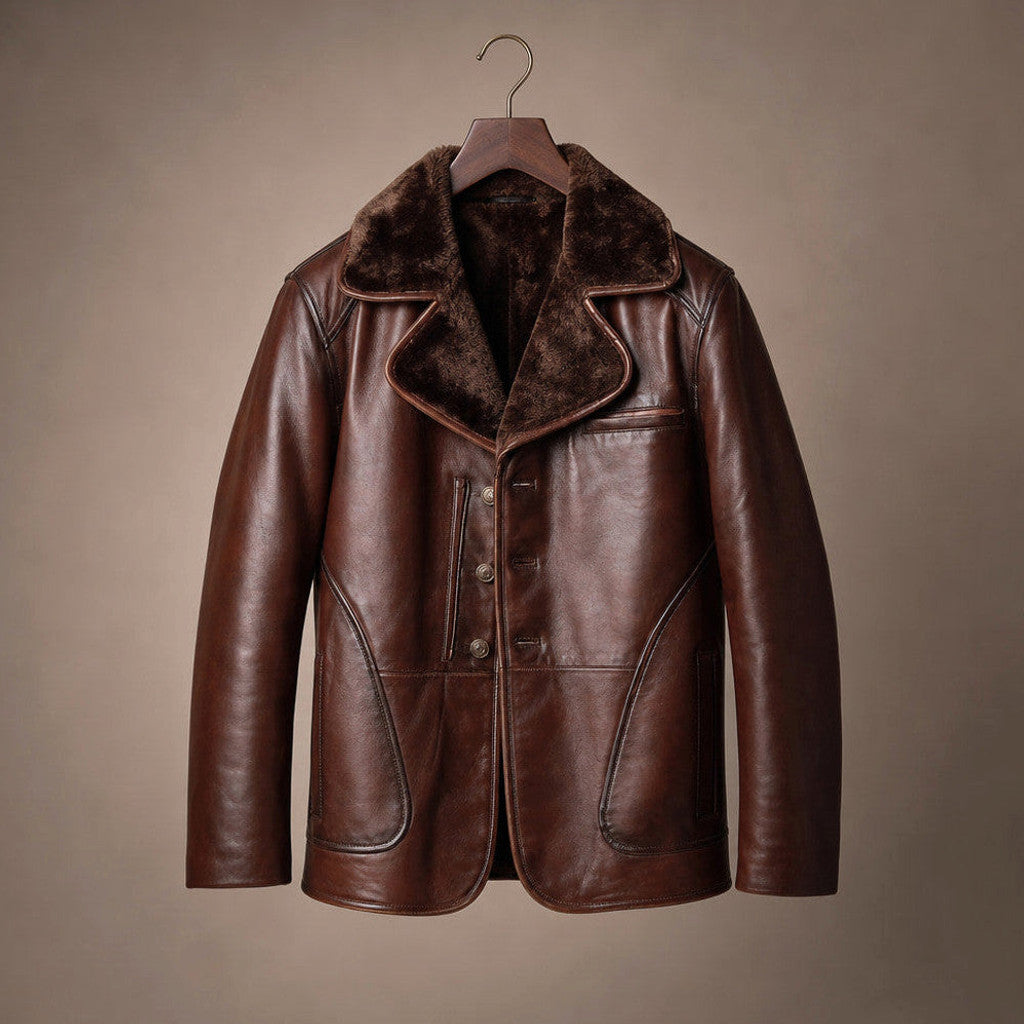 Erland | Shearling Lined Leather Pea Coat – Product Photo