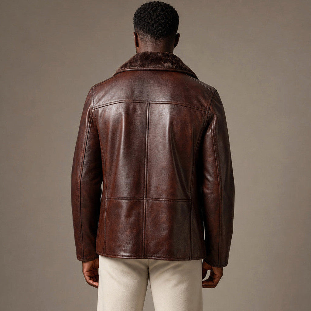 Erland | Shearling Lined Leather Pea Coat – Product Photo