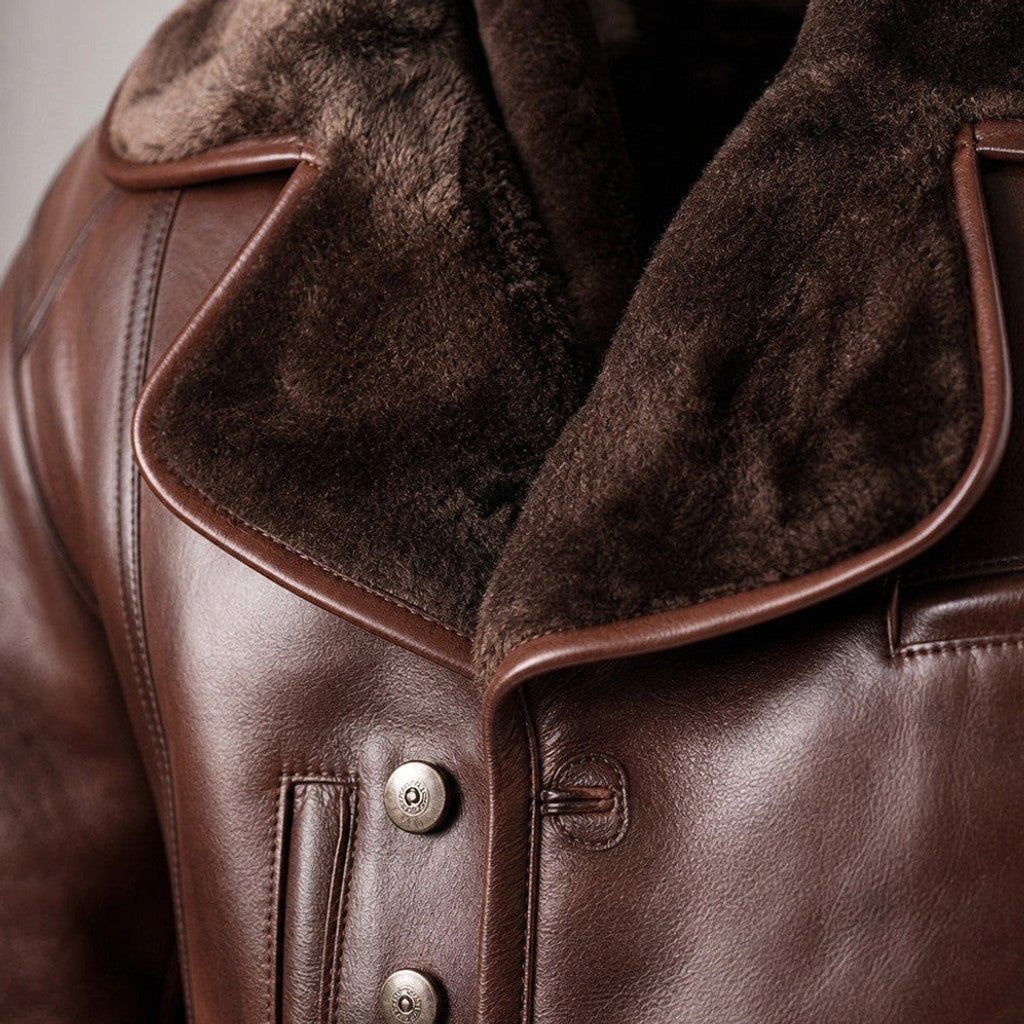 Erland | Shearling Lined Leather Pea Coat – Product Photo