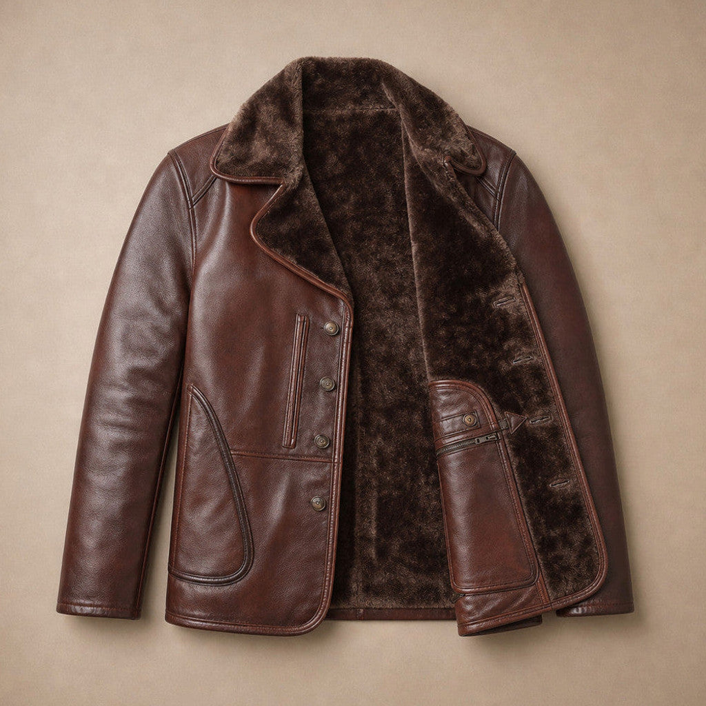 Erland | Shearling Lined Leather Pea Coat – Product Photo