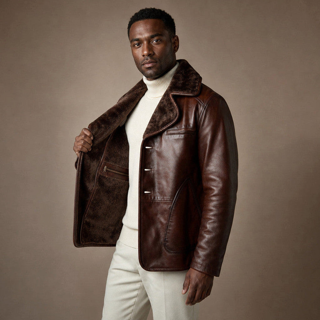 Erland | Shearling Lined Leather Pea Coat – Product Photo