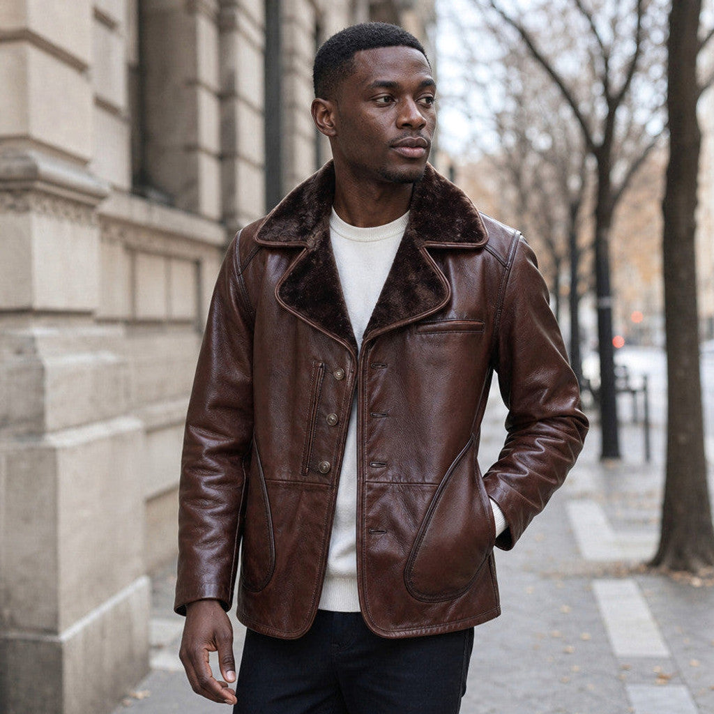 Erland | Shearling Lined Leather Pea Coat – Product Photo