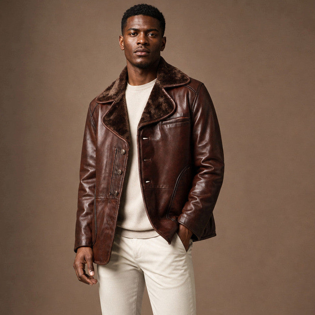 Dark brown shearling lined leather pea coat shown at an angle